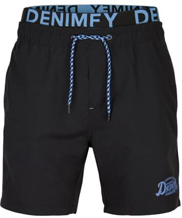 DENIMFY Badehose Herren Lang Badeshorts Doppelter Bund DFNeo Kurze Hosen Schwimmhose Shorts Print, Größe:L, Farben:Black-Maya Blue