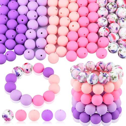 ASTARON - 100 perline rotonde in silicone da 15 mm per artigianato, viola, viola chiaro, rosa e rosa chiaro, stampate, 20 pezzi ciascuno