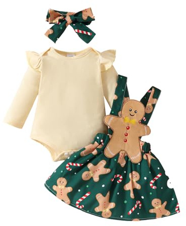Himllauen 3 Piece Infant Baby Girls Fall Outfit Christmas Tree/Santa/Gloves/Candy Cane Print Long Sleeve Romper and Cute Dress Headband Clothes for Toddler Girls