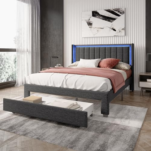 KeepGoon Doppelbett 180 x 200 cm, Nachttischlampe mit USB-Anschluss, Schublade am Ende des Bettes, Kopfteil mit vertikalen Streifen, mit Lattenrost,Schubladenbett Gästebett Jugendbett, Leinensto