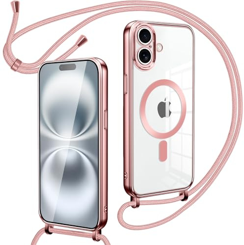 Oelrstfe Cover Magnetica Trasparente con Cordino per iPhone 17 con Magnetico,Custodia Sottile con Laccio Collana Tracolla Regolabile Antiurto Case con Collana per iPhone 17-Rose Gold