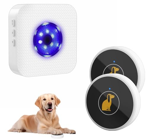 TECKNET Cloche de porte pour chien avec 55 mélodies, portée de 300 m, 5 volumes (0-120 dB) et 2 modes, étanche IP65, sonnette pour chien avec 1 récepteur et 2 émetteurs, blanc