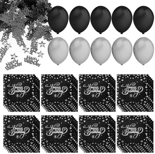 DUINIU 40 Papierhandtücher, 1 Packung Konfetti Und 10 Luftballons, Happy Birthday Servietten, Geburtstagspartydekorationen, Schwarze Geburtstagsservietten, Partyservietten.