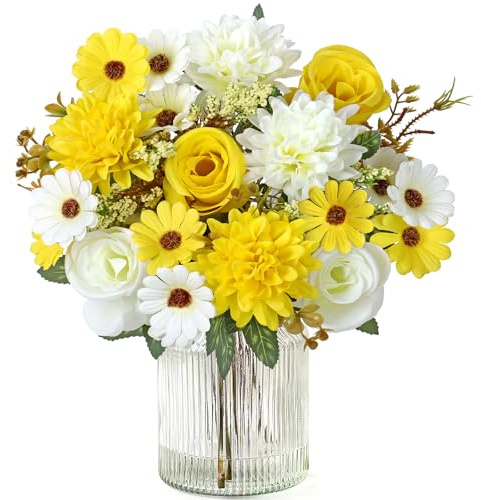 MEIVINES 2 pezzi Fiori Artificiali Fiori Finti per Decorazioni Bouquet Fiori Rose Artificiali di Seta per matrimonio casa centrotavola partito cimitero tomba decorazione (Bianco Giallo, 2PCS) | Mazzo di fiori artificiali, margherite, fiori finti in seta, per matrimonio, decorazione da cucina