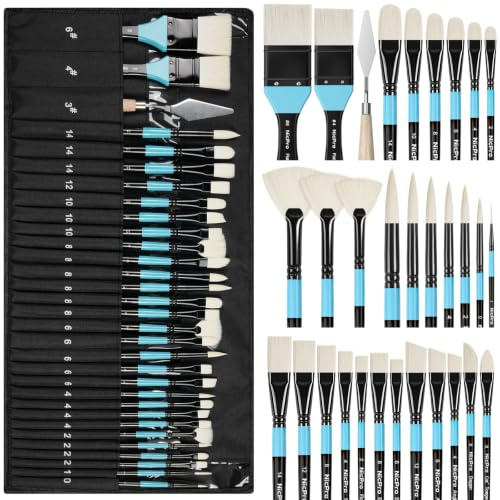 Nicpro 30pcs Paint Brush Set for Acrylic Painting, Oil, Watercolor, Gouache | 10 Shapes No Shedding Firm Synthetic Bristles with Palette Knife & Canvas Roll, Professional Painting Supplies for Artists