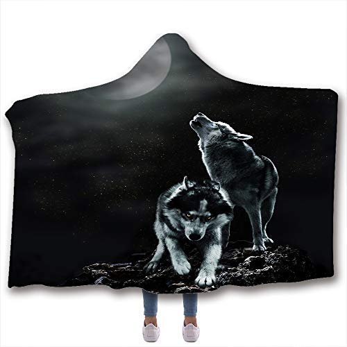 Chickw1 Decke mit Kapuze, 3D Moderner Wolf Druck Kuscheldecke Plüschdecke Pelzdecke Hoodie für Erwachsene Kind Couch Sofa oder Bett (150x130cm,B)