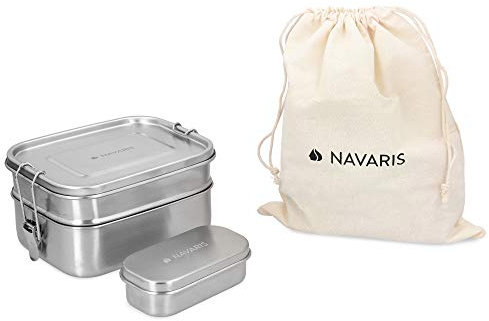 Navaris Boîte Repas Acier - Boîte à Repas hermétique 100% INOX avec 3 pièces - Lunch Box 800ml 600ml 180ml - Bento Box avec loquet