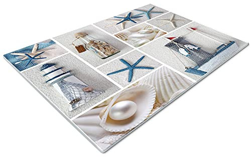 Glass Worktop Savers | Worktop Protectors, Heat Resistant | Catering Chopping Boards | Over The Sink Chopping Board | Large, Blue White Beach Seaside