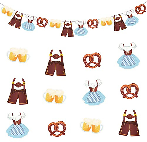 Oblique Unique® Oktoberfest Deko Set - Girlande + 12x XXL Konfetti mit Dirndl Lederhose Bier Brezel Hängedeko + Streudeko