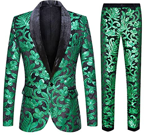 CARFFIV Herren Modische Blumenmuster Pailletten Zweiteiler Set Anzüge
