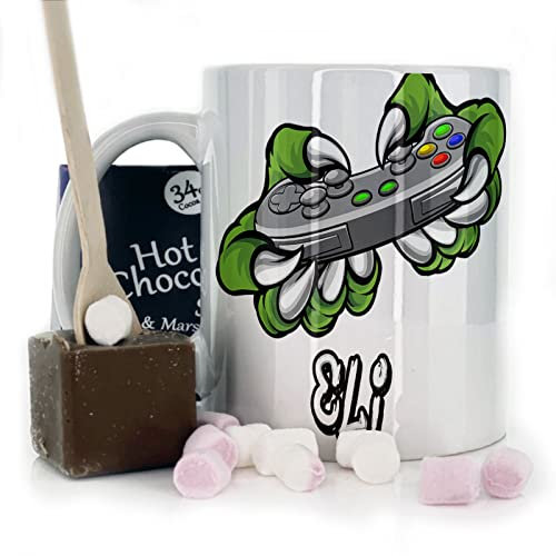 Personalised Mug and Belgian Milk Chocolate/Hot Chocolate Stirrer Marshmallow Gift Set, Customised with Name / Initials, (11oz) White, Yellow, Blue, Black, Pink Mug with Gaming Dinosaur Claws Design