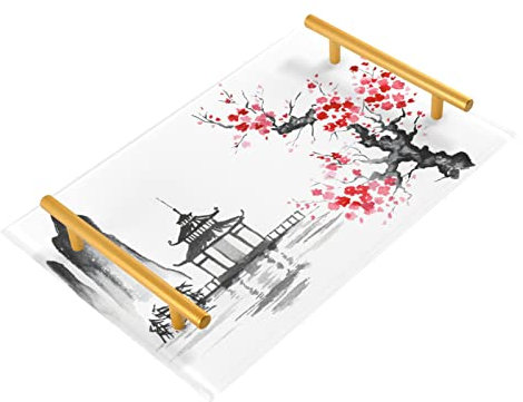 Japanische Kirschblüten Badezimmer Waschtisch Tablett für Arbeitsplatte dekorative Tabletts mit Griffen Acryl Serviertablett für Wohnzimmer Küche Kommode Tops Home Decor