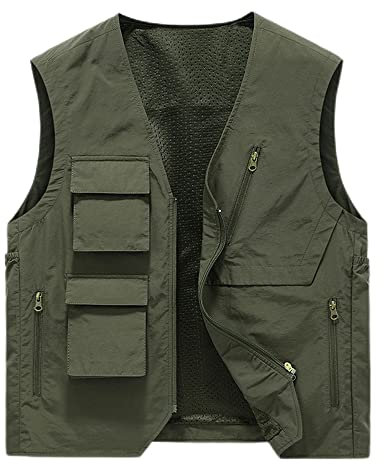 BUGGOF Outdoor Weste Herren Slim Fit Atmungsaktiv Causal Weste Herren Fotografie Bergsteigen Arbeits Weste Herren Schnelltrocknend Reißverschluss Dekoration Tasche Weste Herren M-Army Green XXL