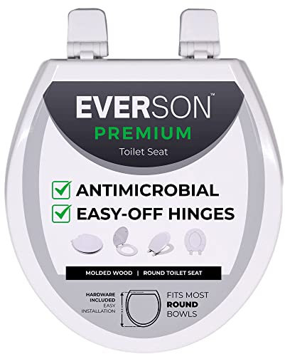 Everson Premium Antimikrobiell behandelter runder WC-Sitz mit leicht zu entfernenden Scharnieren – 40,6 cm Holz-Toilettensitz – cremefarbener WC-Sitz für Standard-Toiletten – leicht zu reinigender