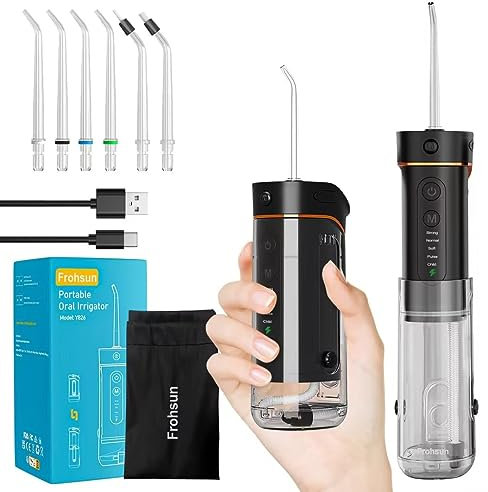 Frohsun Retrattile Idropulsore Dentale Portatile Idropulsore Cordless IPX7 Impermeabile con un solo pulsante 5 intensità dell'acqua 6 Ugelli di ricambio cura di viaggio e uso domestico-Nero