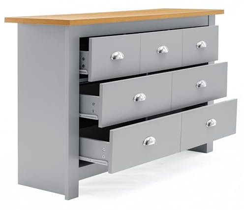 Chest of Drawers Bedroom MDF 4+3 Drawer Chest of Draws With Stainless Steel Cup Handle Bedside Table Cabinet Storage For Living Room, Hallway, Furniture, Grey/Oak 35D x 111.5W x 81H cm