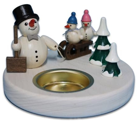 Holzwaren Egermann Leuchter aus Holz - Teelichthalter mit süßem Schneemanndesign - Motiv: Schlitten & Schneemann Kinder - Durchmesser: ca. 11 cm - Made in Germany