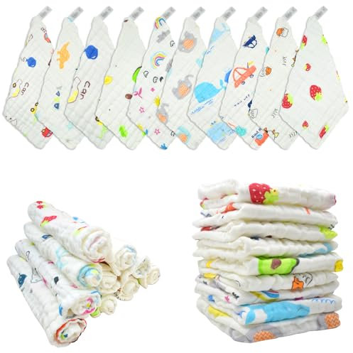 FZSECRIU Lot de 10 Gants de Toilette en Mousseline pour Bébé - Serviettes Douces pour Nouveau-né, Lange en Coton, Carré de Gaze