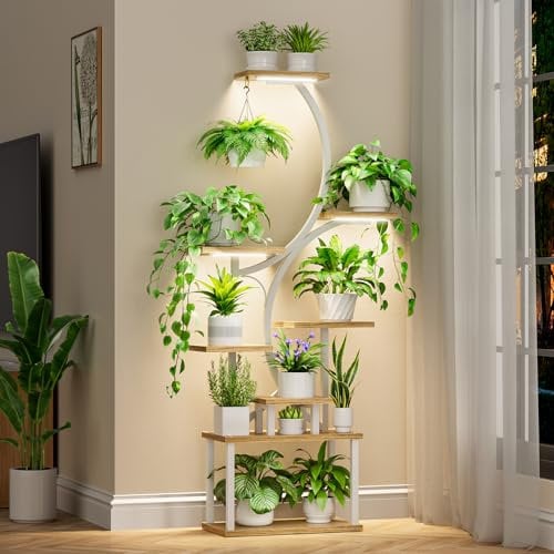 BACEKOLL Support de plantes à 8 niveaux avec lampes de croissance – Étagère d'intérieur de 157,5 cm de haut pour plusieurs plantes, support de fleurs en métal en forme de S pour la maison, la terrasse