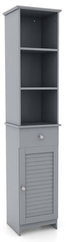 COSTWAY Bathroom Tall Cabinet, Freestanding Slim Storage Cupboard with Adjustable Shelves, Drawer and Door, Wooden High Narrow Bathroom Floor Cabinet Unit for Living Room Kitchen Hallway (Grey)