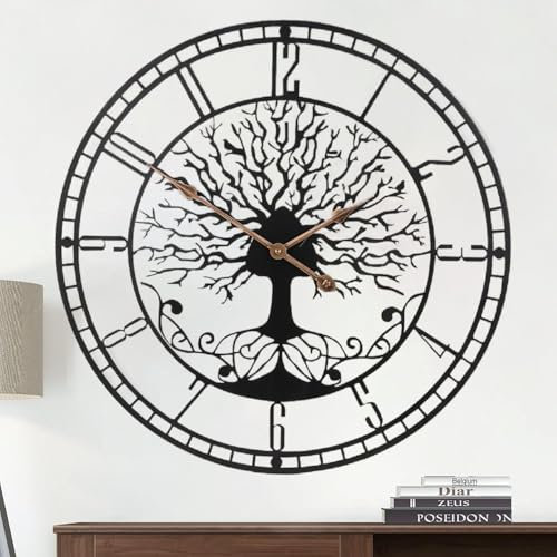 TOHOOYO Grande albero della vita orologio da parete in metallo nero orologio da parete grande orologio da parete decorazione per la casa soggiorno orologi da parete con numeri Silent Mid-Century
