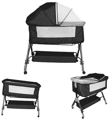 Kedia Babybett, Beistellbett, Kinderbett mit Moskitonetz, Kinderreisebett mit Rollen, 4 Höhenverstellung, Babybetten Stubenwagen, 104 * 52 * 103-115cm (schwarz)