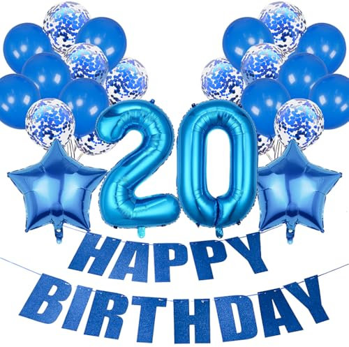 Conruich Geburtstagsdeko 20 Jahre Frau, Luftballon 20. Geburtstag Deko Mann, Folienballon Zahl 20 Blau, Deko 20. Geburtstag Frauen, Helium Ballon Stern Deko für 20. Geburtstag Party Dekoration