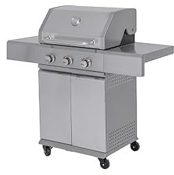 aro Gasgrill mit 3 Brennern, 9 kW Leistung, Ablagetisch, Thermometer, fahrbar, Stahl/Edelstahl, silber