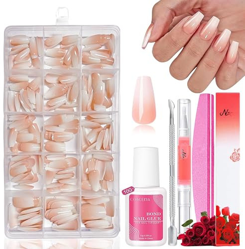 Falsche Nägel Tips Set - 240 Stück Französisch Falsche Nägel Zum Aufkleben - 15 Größen Weiß Nude Farbverlauf Künstliche Nägel Fingernägel für Nail Extensions mit Box (Gradient Baby Nude Ballerina)