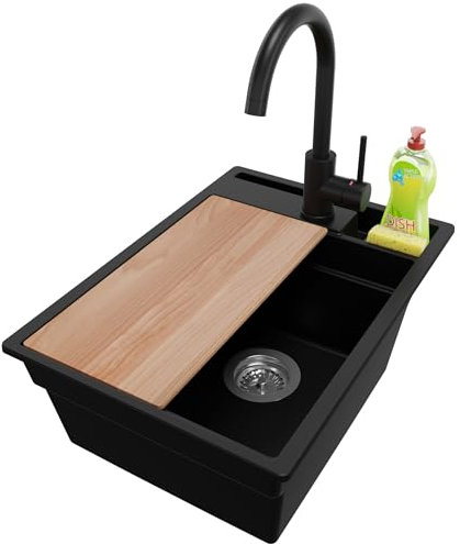PRIMAGRAN Fregadero Granito Negro 38x53cm, Fregadero Cocina 1 Seno + Sifón + Grifo 32x20cm + Tabla de cortar, Fregadero sobre encimera al mueble 40cm - Oslo Pocket