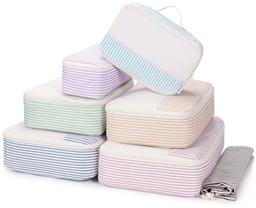Narwey 7 Set Striped Packing Cubes for Travel Carry on Suitcase Luggage Organizer Bags for Kids Women Men, Durable Packing Organizers Bag, Travel Essentials Accessories (Stripe Combined)