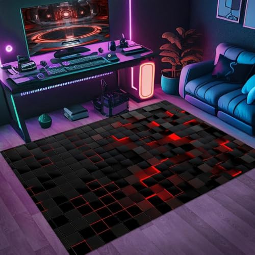 RUILBJM Cyberpunk Teppich mit Waben Muster Große Spielmatte für Gamer, Rutschfester,Coole Deko für Kinderzimmer,PC Gaming Zimmer für Teenager Kinderzimmer Carpet (Red,120 * 180cm)