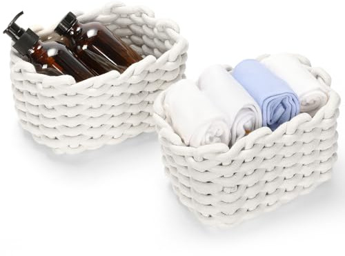 Cozary 2er Set Aufbewahrungskorb Klein Geflochten – (20x15x12,5 cm) Weicher Baumwollseil Korb Quadratisch – Faltbarer Stoffkorb & Waschbar – Moderner Organizer für Badezimmer