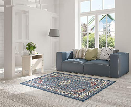 HomeLife Teppich im persischen Stil/Orientalisch, aus Baumwolle, für Wohnzimmer, Schlafzimmer, Wohnzimmer, mit Rutschfester Unterseite, Digitaldruck, Orientalisch, Rot/Beige 150X240 blau