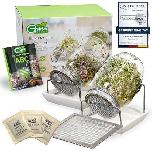 Green SEEDS® [Das Original Sprossenglas 2er Set + KRESSESIEB + 3 x Saatgut-Set mit hochwertigem Edelstahl-Gitterdeckel, Ständer, Keramikschale + Sprossen-ABC [Druckversion] Keimglas Anzuchtset