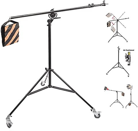 Kit Eclairage Support de Lumière 390cm & Bras Girafe 190cm 2 in 1, Trépied Réglable avec Sac de Sable et roulettes, Light Stand Boom Arm 2in1 Kit pour Photographie Photo Studio Vidéo Lumière
