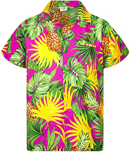 King Kameha Funky Chemise-Hawaienne, Manche-Courte, Pineapple-Leaves, Rose, S