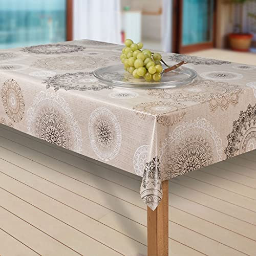 laro Wachstuch-Tischdecke Abwaschbar Garten-Tischdecke Wachstischdecke PVC Plastik-Tischdecken Eckig Meterware Wasserabweisend Abwischbar, Muster:Mandala beige-braun, Größe:140x200 cm