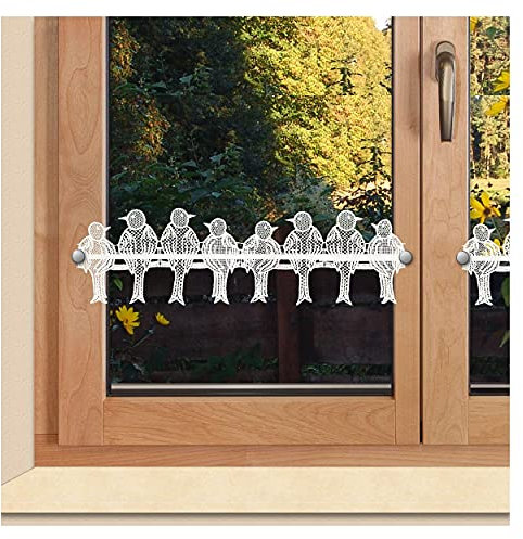 SeGaTeX home fashion Feenhaus-Spitzengardine Spatzen in weiß Scheibenhänger mit Vögeln aus Plauener Spitze Luftspitzenstickerei 13 cm hoch