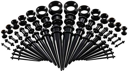 tonyg-p 50 pièces Kit d'étirement des Oreillettes Ecarteur Jauges Expansion Oreille Tunnel 14G-00G silicone, bouchons en acrylique extension d'oreille(Noir)