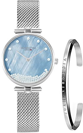 VICTORIA HYDE Damen Uhren Analog Quarz Damenuhr mit Perlmutt-Zifferblatt Armbanduhr Armreif Set (Silber)