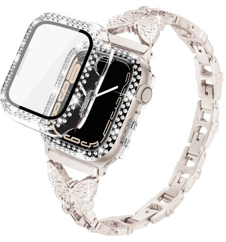 Vamyzji Compatible with Metal Apple Watch 9 Straps 45mm + Bling Diamond Crystal Protective Case with Screen Protector, Adjustable Butterfly Bracelet for Apple Watch Series 9 8 7(Starlight)