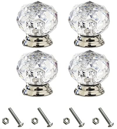 Lizzy Crystal Round Door Knobs | Small & Large Clear Glass Drawer Knobs | Ideas for Kitchen Office Cabinet Cupboard Wardrobe Door Furniture Bathroom Bedroom Accessories (Small Door Knobs - 4pk)
