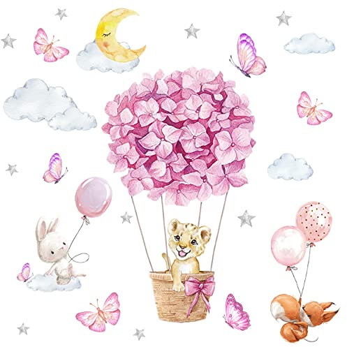 TOARTI Wandsticker Kinderzimmer,Rosa Wandtattoo,Tiere Heißluftballon Wandaufkleber,Blumen Wanddeko,DIY Fuchs Hase Babyzimmer Wandbild Mädchen Junge Schlafzimmer Wanddeko