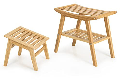 COSTWAY Badhocker mit Fußhocker, Bambus Duschhocker für Schwangere und Alte, Badehilfe mit Ablagefach mit Ablage, bis 150kg belastbar, 52 x 29 x 44 cm (L x B x H)