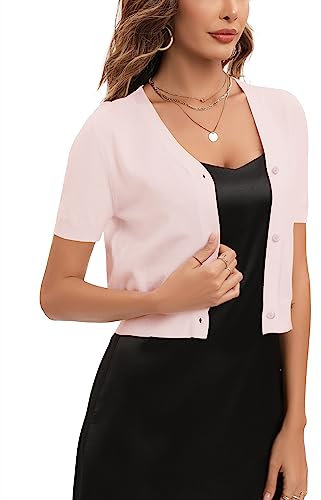 Boléro Femme Tricot Gilet Court Veste Cardigan Bouton Manches Courtes pour Robe T Shirt Bretelle Soirée Fête Décontracté Chic Elégante Rose Clair*Manche Courte XXL