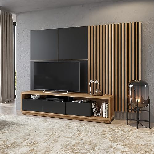Lomadox Wohnwand TV-Wand braun & schwarz 4-teilig Modern mit Eiche Nb. inkl. TV-Lowboard