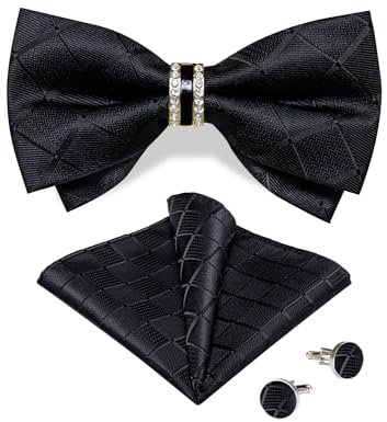 DiBanGu Herren Schwarze vorgebundene Fliege mit Diamantring und Seide Kariert Fliegen und Einstecktuch Manschettenknöpfe Set Formal