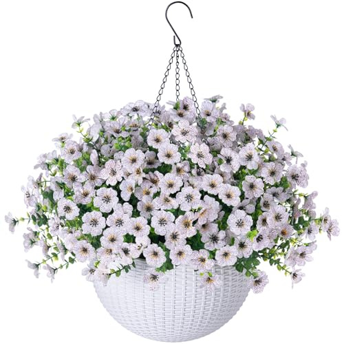 HyeFlora Artificial Hanging Flowers Plants with Basket, Fake Silk White Daisy with Eucalyptus Leaves in Pot Planter for Outdoor Porch Patio Indoor Garden Yard Home Decoration