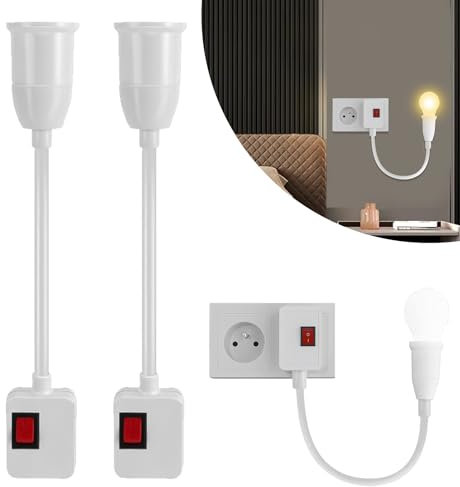 Lot de 2 Douilles E27 Rotatives à 360° Avec Interrupteur Sans Câble - Adaptateur Prise UE Pour Ampoule, Lampe de Lecture, Applique Murale, Lampe de Cuisine
